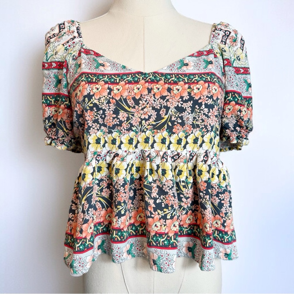 O’ Neill Floral Boho Smocked Back Cropped Flutter Blouse